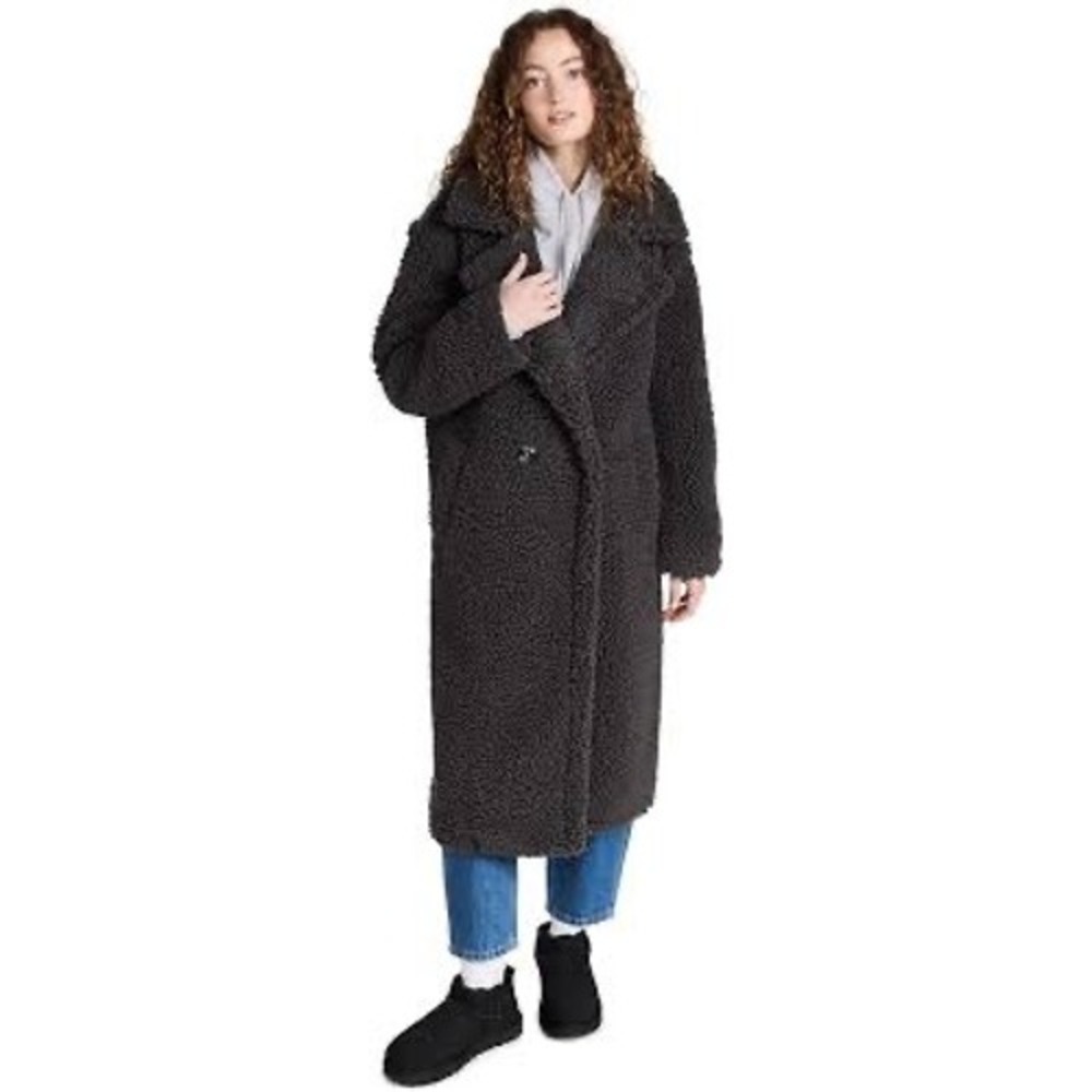 UGG Kianna Faux Fur Teddy Coat Dark Brown‎ Longline Sherpa Jacket L